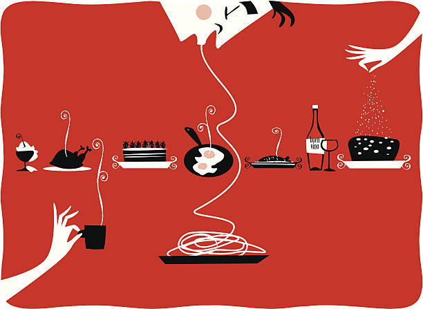 Illustration of vintage kitchen items, restaurant, cattering, pastries, gourmet Vintage illustration of cup of ice cream and whipped cream, silhouette of a woman's hand with a cup of coffee, cake with strawberries, pan with fried eggs, baked fish, wine bottle silhouette of hand hechando sugar on a cake and man eating spaghetti. Illustration on red background perfect for kitchen tablecloth for restaurant, cattering, pastries, gourmet. kitchen illustrations stock illustrations