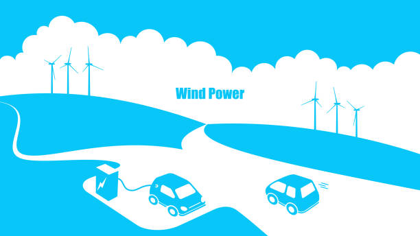 自然景観における風力発電と電気自動車のイラスト。 - 脱炭素点のイラスト素材／クリップアート素材／マンガ素材／アイコン素材