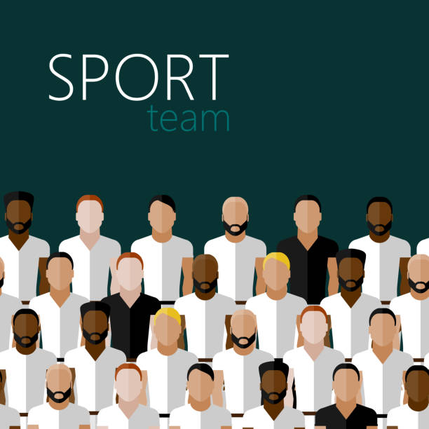 illustration of with men community wearing  sport uniform vector illustration with men group or community wearing sport uniform. flat  illustration of sport team wearing white t-shirts cartoon of a stadium crowd stock illustrations