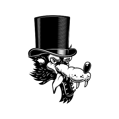 Illustration of wolf in vintage hat. Design element for label, sign, poster, card. Vector illustration