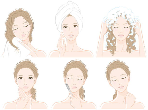 stockillustraties, clipart, cartoons en iconen met illustratie van vrouw doen haarverzorging en huidverzorging - woman washing hair