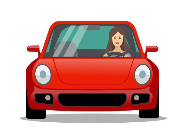 bildbanksillustrationer, clip art samt tecknat material och ikoner med illustration of woman driving a car. safe driving woman with seat belt fastened looking at camera. concept of a young woman driving on the highway. vector flat style illustration. - electric car woman