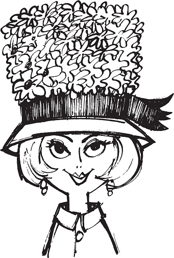 Illustration of woman with lots of flowers on hat
