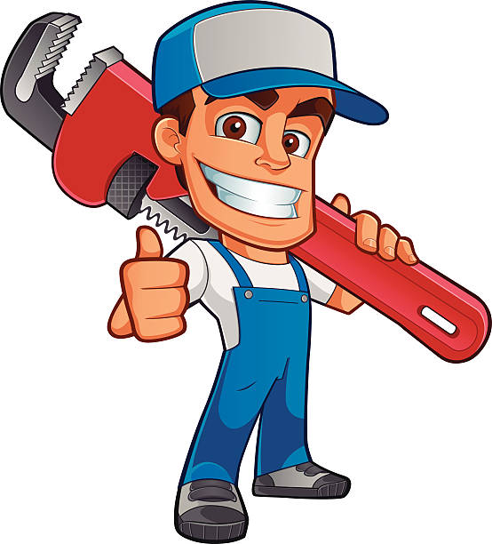 Illustration of workman with oversized wrench over shoulder 
Likeable plumber, he is dressed in work clothes and carrying a tool mechanic clipart stock illustrations