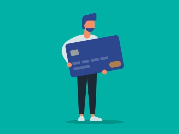 ilustrações de stock, clip art, desenhos animados e ícones de illustration of young man holding giant credit card - credit card