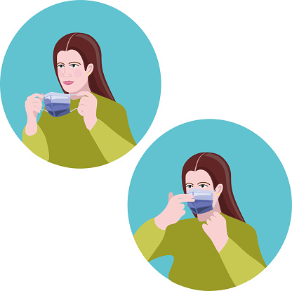 Illustration of young woman putting medical flu mask on face.
