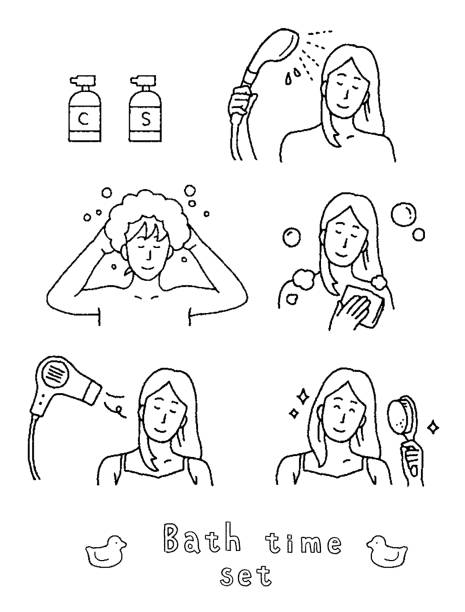 stockillustraties, clipart, cartoons en iconen met de reeks van de illustratie van een vrouw die shampoo en haardroger toepast. - woman washing hair