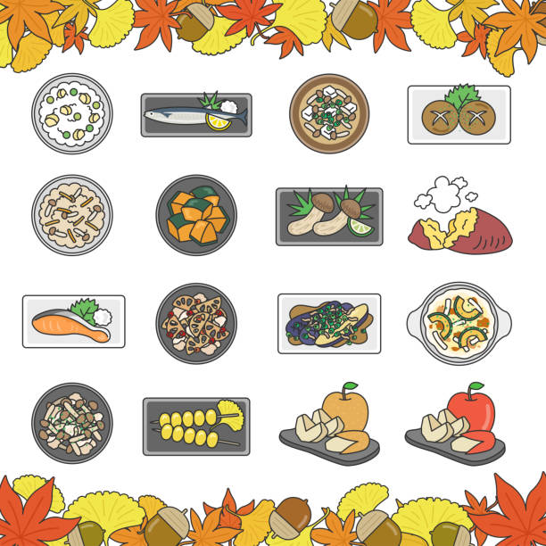 bildbanksillustrationer, clip art samt tecknat material och ikoner med illustration set of dishes using autumn ingredients. - fisk med stekt svamp