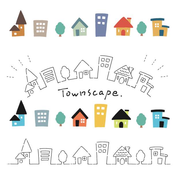 ilustrações de stock, clip art, desenhos animados e ícones de illustration set of hand-drawn style cute house - cidade pequena