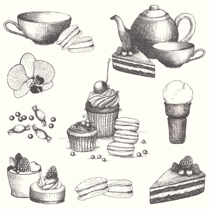 Illustration set of vintage sweet cakes, candies and teapot