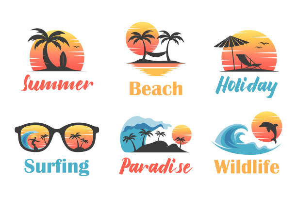 bildbanksillustrationer, clip art samt tecknat material och ikoner med illustration silhouette summer beach logo pack - hängmatta