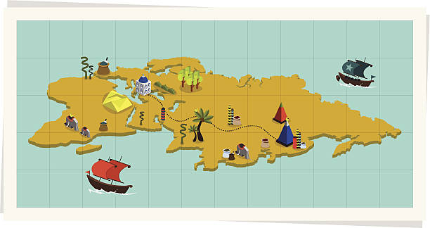 Illustration Spice Trade All layers(ships, shadows, map lines, birds, elephants, trees, cactus, isometric map, spice, carpets, buildings etc.) are separated. silk road stock illustrations