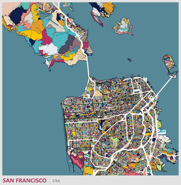 ilustraciones, imágenes clip art, dibujos animados e iconos de stock de ilustración estilo mapa, mapa ciudad de san francisco - san francisco