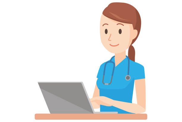 Illustration that a nurse wearing a blue scrub is operating a laptop computer Illustration that a nurse wearing a blue scrub is operating a laptop computer doctor clipart stock illustrations