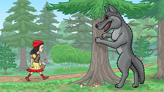 Illustration to the fairy tale of the brothers Grimm Little Red Riding Hood and the Gray Wolf.
