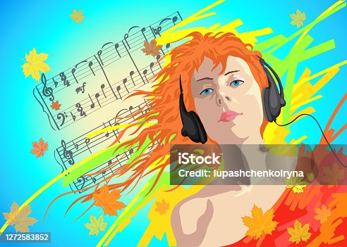 istock Illustration vector portrait of a woman with reddish long hair fluttering in the wind in a bright red blouse and listening to music in headphones against the background of flying autumn yellow and orange leaves and blue autumn sky 1272583852