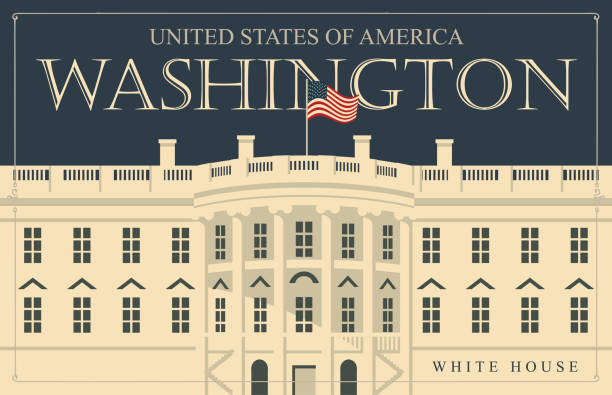 illustration White House, Washington DC with flag Vector banner or card with image of the famous US White House, Washington DC in retro style. American landmark. white house stock illustrations