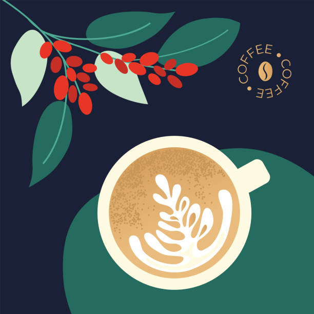 stockillustraties, clipart, cartoons en iconen met illustratie met cappuccino en takken van koffie boom - africa cup