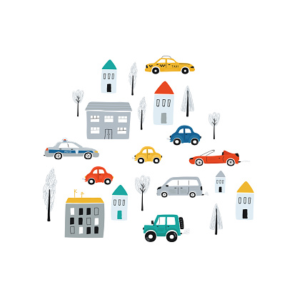 Illustration with cars and houses. Cute children's concept print with automobile for kids room design, textiles, apparel. Vector