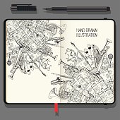 Illustration With Different Houses and Music Instruments. Music Festival in the City. Vector Notebooks with Fine Liner Pen and Hand Drawn Doodles. Black and White illustration.