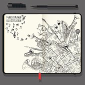 Illustration With Different Houses and Music Instruments. Music Festival in the City. Vector Notebooks with Fine Liner Pen and Hand Drawn Doodles. Black and White illustration.