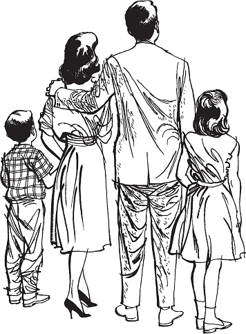 Illustration with rear view of family standing together