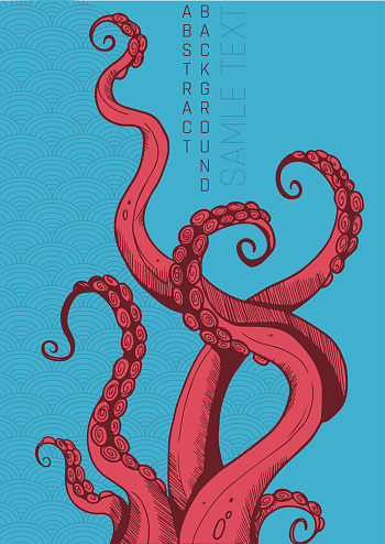 colored bright illustration with tentacles, graphic style. red and blue colours and simple wave pattern