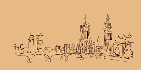 Illustration with views of the historic part of London, UK.