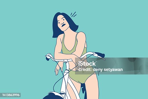 istock Illustrations Beautiful young woman rides a bicycle on the beach 1413863996