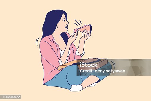 istock Illustrations Beautiful young woman sit on a floor and eats pizza 1413870022