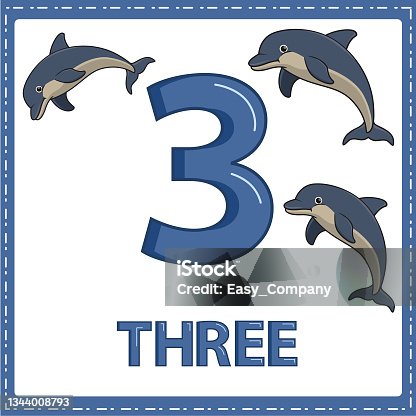 istock Illustrations for numerical education for young children. for the children Learned to count the numbers 3 with 3 dolphins as shown in the picture in the animal category. 1344008793
