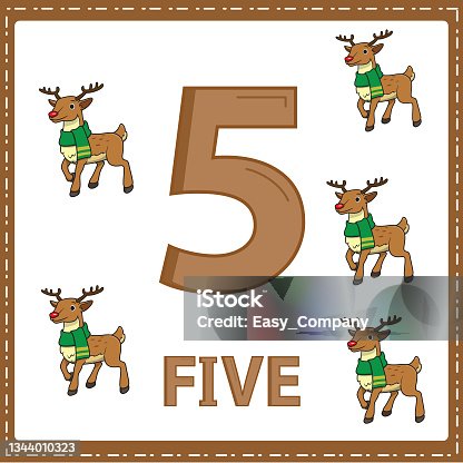 istock Illustrations for numerical education for young children. for the children Learned to count the numbers 5 with 5 deer as shown in the picture in the  Christmas category. 1344010323
