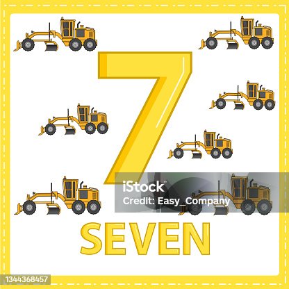 istock Illustrations for numerical education for young children. for the children Learned to count the numbers 7 with 7 road grader as shown in the picture in the vehicles category. 1344368457