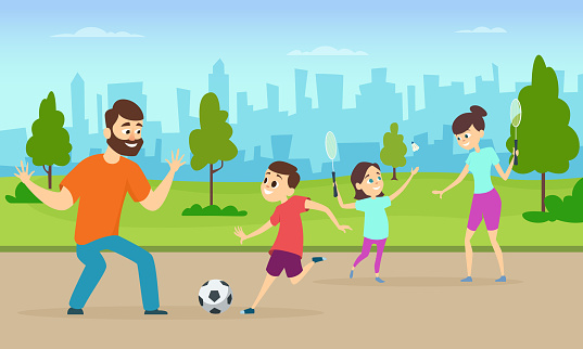 Illustrations of active parents playing sport games in urban park. Funny family couples in cartoon style