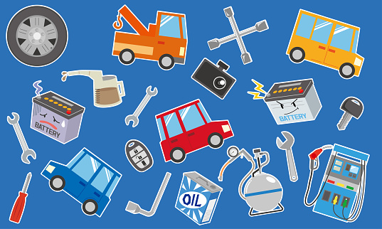 Illustrations of cars, maintenance supplies, tools, car supplies