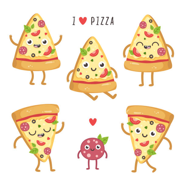 Illustrations of cute cartoon pizza slices. Kawaii vector characters in different poses. Isolated on white pizza stock illustrations