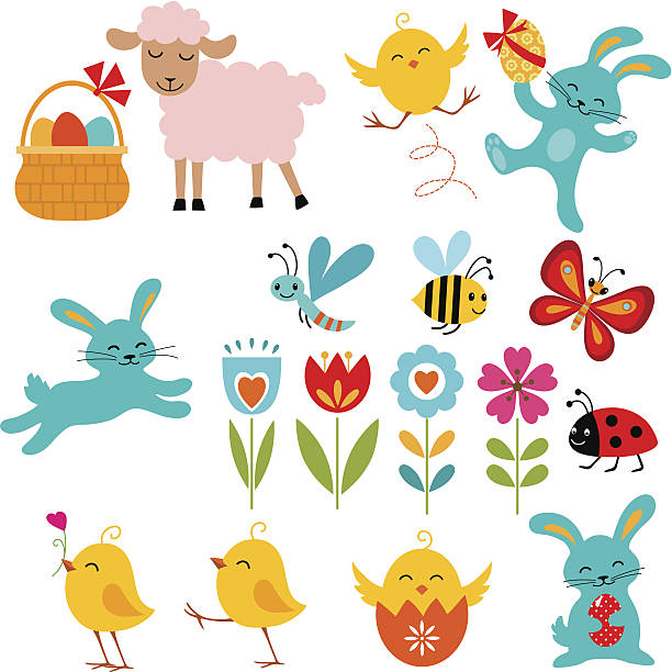 Illustrations of Easter themed cartoon elements Cute Easter elements for your design. lamb animal stock illustrations
