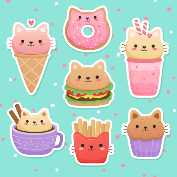 illustrations, cliparts, dessins animés et icônes de illustrations d’aliments sous la forme d’un chat mignon. - kawaii