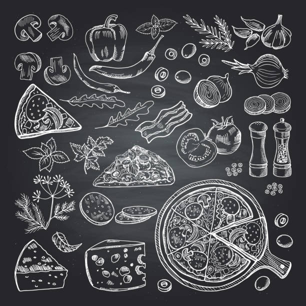 Illustrations of pizza ingredients on black chalkboard. Pictures set of italian kitchen Illustrations of pizza ingredients on black chalkboard. Pictures set of italian kitchen. Italian food pizza, restaurant menu sketch with ingredient vector cheese designs stock illustrations