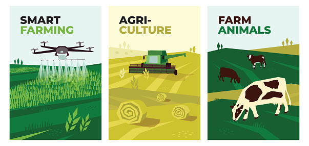 Illustrations of smart farming, agriculture, farm animals