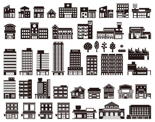 Illustrations of various buildings Vector illustration of the building factory silhouettes stock illustrations