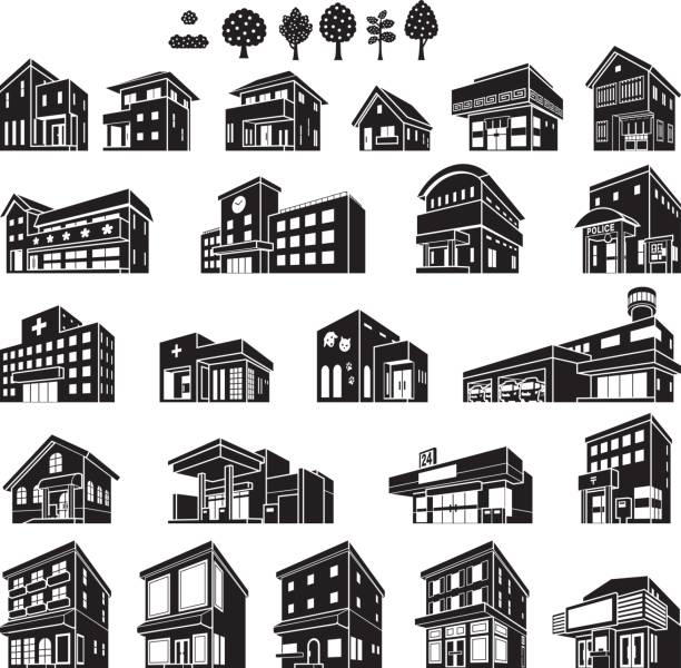 Illustrations of various buildings Vector illustration of the building garage silhouettes stock illustrations