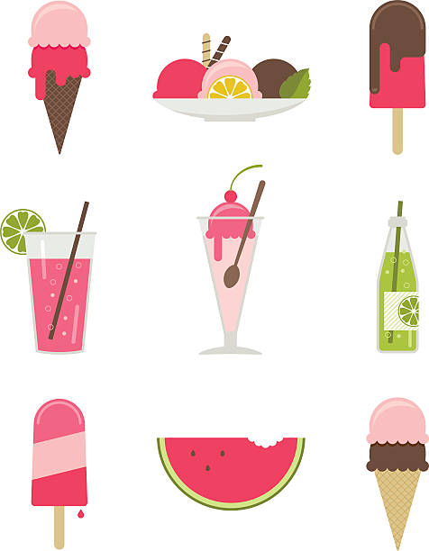 Illustrations of various summertime desserts Icon set of refreshing summertime desserts. ice cream sundae stock illustrations