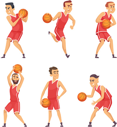 Illustrations set of basketball players. Vector sport game team, action people dribble with ball vector