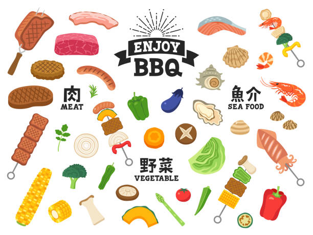 IllustrationSet of barbecue skewers and various ingredients Illustration set of Japanese style BBQ skewers and various ingredients (meat, vegetables, seafood)
The kanji drawn in the picture means meat, vegetables and seafood. corn beef and cabbage stock illustrations
