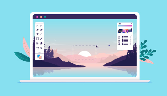 Photo editor software with user interface and beautiful landscape image. Vector illustration.