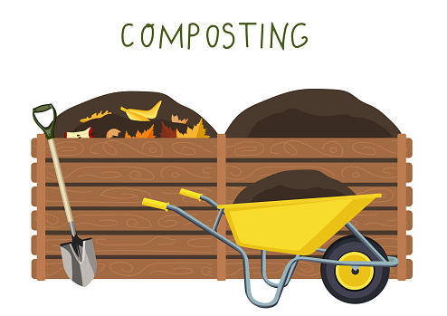 Image of compost bin in the garden. Vector illustration.