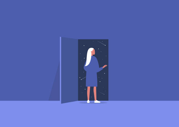 wyobraźnia i inspiracja, przestrzeń kosmiczna, astrologia, młoda postać kobieca otwierająca drzwi do nieznanego - snow stock illustrations