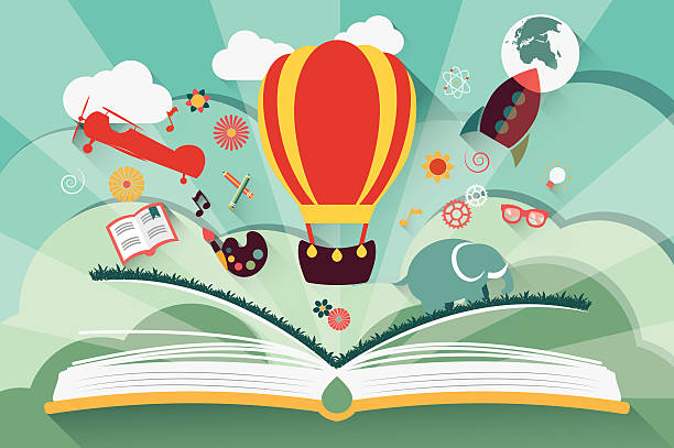 Imagination concept - open book with air balloon Imagination concept - open book with air balloon, rocket and airplane flying out imagination stock illustrations
