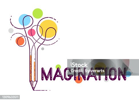 istock Imagination word with pencil instead of letter I, imagine and fantasy concept, vector conceptual creative logo or poster made with special font. 1309633511